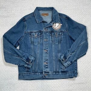 Western Blue Denim Jacket Long Horn Skull Wagon Wheel Patch Coat Size Large